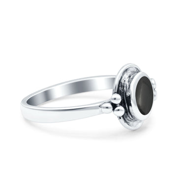 Petite Dainty Round Simulated Black Onyx Solitaire Band Oxidized Braided 925 Sterling Silver